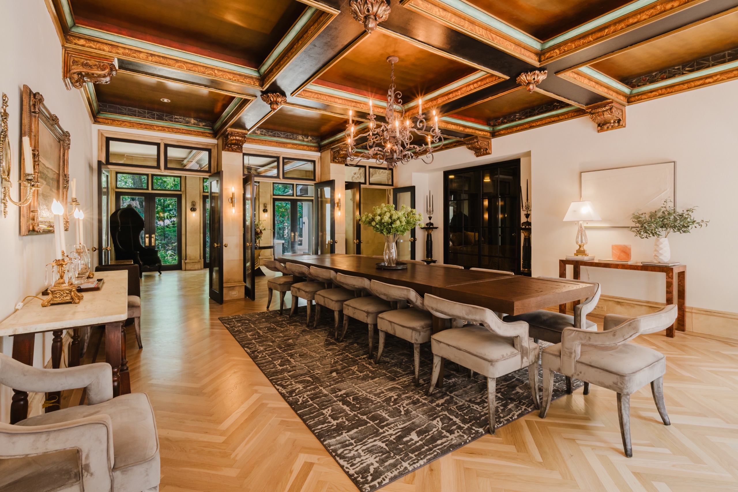 Estate dining room alternate angle with coffered gold ceiling